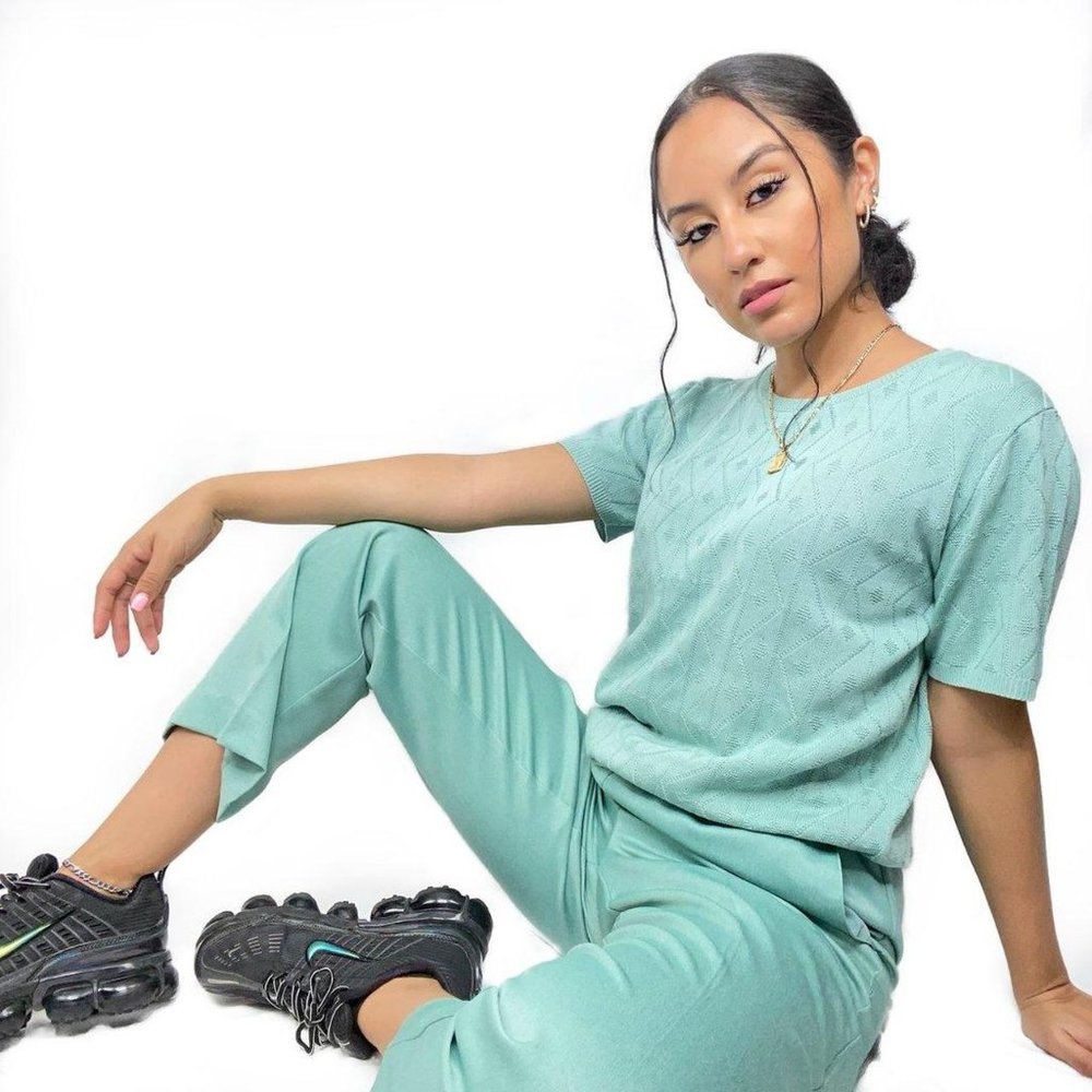 Vintage teal blue 2 piece set trouser pants high waisted and sweater crop top